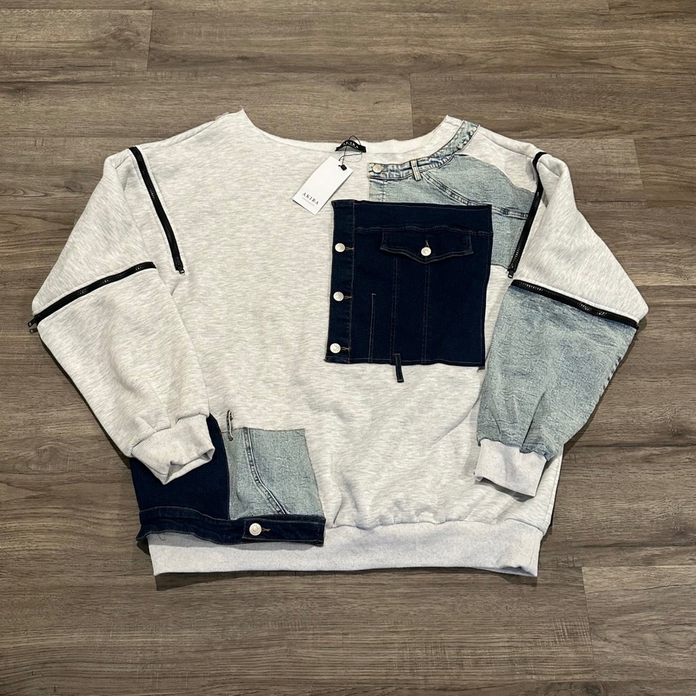 NWT AKIRA Patchwork Denim Mixed Media Sweatshirt Maximalist Large Zipper Sleeve